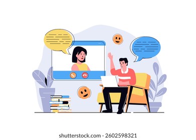 Video chatting web concept with cartoon people design. Man talking to woman by video calling using laptop, connecting with virtual friends. Flat vector illustration isolated on white background.