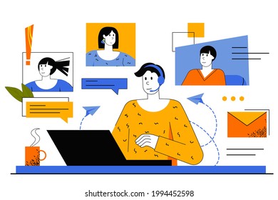Video chatting web concept. Employee conducts video conference with colleagues. Man making online call his friends sitting at laptop. Vector illustration for web page template in flat line design