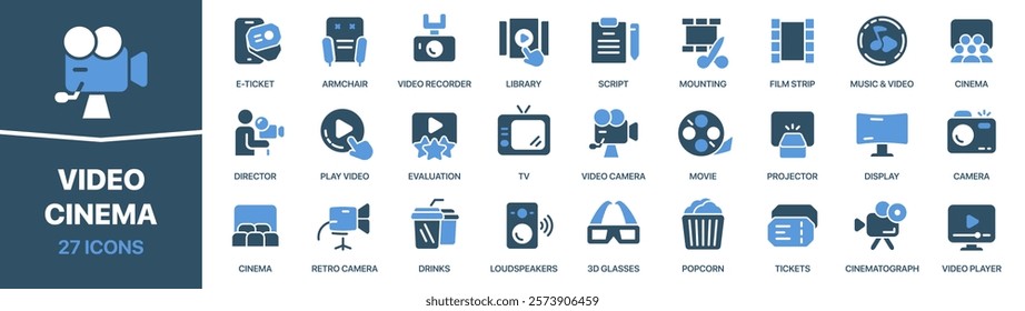 Video and cinema colored signed icon collection. Film, camera, movie, display, ticket icons. UI icon set. Colored icons pack. Vector illustration EPS10