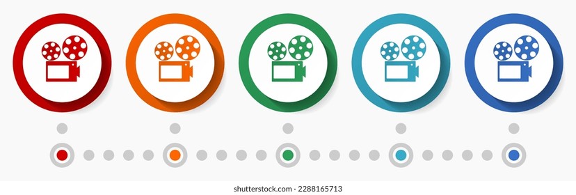 Video, cinema concept vector icon set, flat design colorful buttons, infographic template in 5 color options