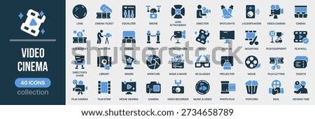 Video and cinema fill icon collection. Includes camera, directing, screening, editing, and movie production symbols. Created in colored style with blue palette
