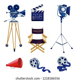 Video and cinema production, vector cartoon icons and design elements set. Movie studio equipment illustration.