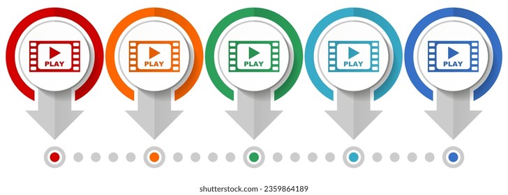 Video, cinema vector icon set, flat design infographic template, set pointer concept icons in 5 color options for webdesign and mobile applications