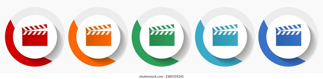 Video, cinema vector icon set, flat design colorful round icons in 5 color options for webdesign and mobile applications