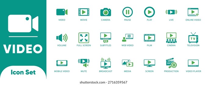 Video and cinema vectors. Features camera, film, play, and broadcast symbols. Ideal for streaming apps, player UI, and media production.