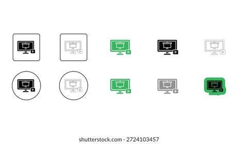Conjunto de ícones educacionais de classe de vídeo projetado para ensino de aprendizagem on-line em linha sólida pontilhada estilos coloridos pixelados para e-learning.