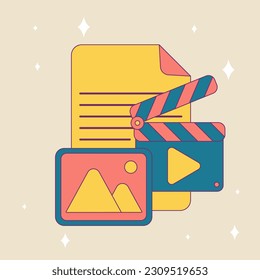 A video clip with paper sheet, play icon. Vector illustration, graphic design.