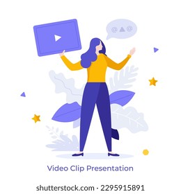 Video Clip Presentation flat concept vector illustration. Short movie performance. Promo content cartoon character on white for web design. Creative idea for website, mobile, presentation