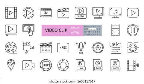 Video clip set of 28 icons with editable stroke. Vector illustration of sound recording, play, watching videos, listening to music, cutting frames, file folders, MP4, AVI, 360 panoramic view.