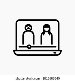 Video clips on the computer screen . E-learning video or previous tv shows, Watch movies at home,  Line icon vector editable stroke, Isolated on white background, eps 10