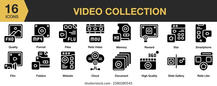 Video Collection solid icon set. Includes video, design, media, digital, collection, and More. Solid icons vector collection.