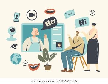 Video Communication, Chatting via Internet with Digital Technologies. Parents Communicate with Adult Daughter via Computer Software Programs, Characters Chat Online. Linear People Vector Illustration