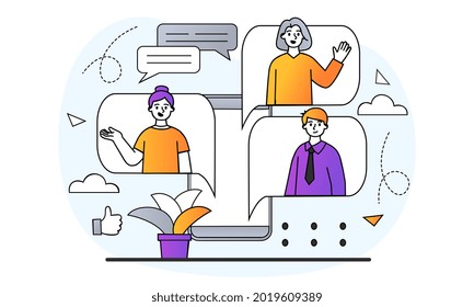 Video communication concept. Friends communicate at distance in special application. Phone, social networks and text messages. Cartoon doodle flat vector illustration isolated on a white background