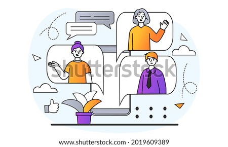 Video communication concept. Friends communicate at distance in special application. Phone, social networks and text messages. Cartoon doodle flat vector illustration isolated on a white background