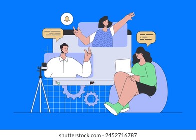 Video communication concept in modern flat design for web. Woman connecting with friends and colleagues online, using zoom for meeting. Vector illustration for social media banner, marketing material.