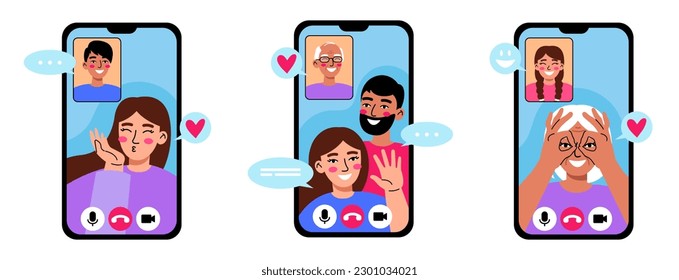 Video communication conference with family on the Internet. People make a video call via mobile phone.  Flat vector illustration.