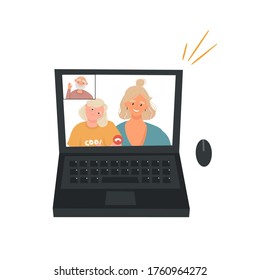 Video communication. An elderly father makes a video call to his daughter and granddaughter. Nice flat vector illustration with laptop and people in cartoon style on a white background.