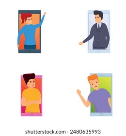 Video communication icons set cartoon vector. Online meeting work form home. Social distancing, modern technology