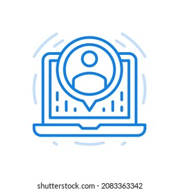 
Icono de línea vectorial en línea de comunicación de vídeo. Tecnologías electrónicas: información y capacitación a distancia. Avatar del personaje en círculo en la pantalla del portátil. Webinars grupales discutiendo trabajo en equipo.
