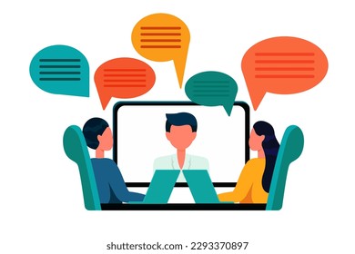 Video communication work, virtual meetings, people communicating with each other and the person by video communication, online communication, vector 