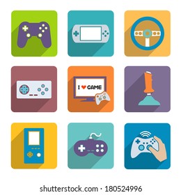Video computer console games controller icons set of joystick keypad steering wheel isolated vector illustration