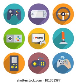 Video computer console games controller icons set of joystick keypad steering wheel isolated vector illustration