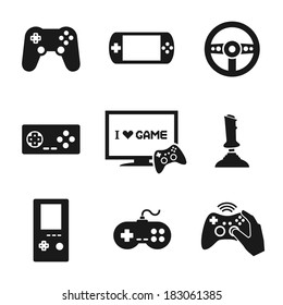 Video computer console games controller icons set of joystick keypad steering wheel isolated vector illustration