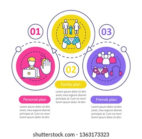 Video, computer game subscription vector infographic template. Pay to play tariff plans. Entertainment. Data visualization with three steps, options. Process timeline chart. Workflow layout with icons