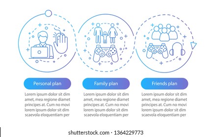Video, computer game subscription vector infographic template. Pay to play tariff plans. Entertainment. Data visualization with three steps, options. Process timeline chart. Workflow layout with icons