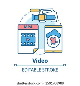 Video concept icon. Shooting movie idea thin line illustration. Videoclips, films, media files. Videorecording, filming, video production & filmmaking. Vector isolated outline drawing. Editable stroke
