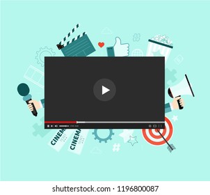 Video concept illustration. Flat design with big player symbol. Cinema. Video marketing campaign. Content. Vlog.