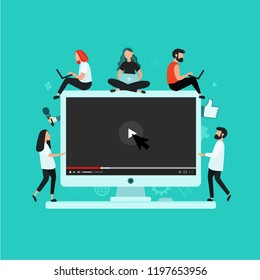 Video concept illustration. Flat design with desktop computer and people. Cinema. Video marketing campaign. Content. Vlog.