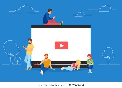 Video concept illustration of young people using mobile gadgets, tablet pc and smartphone for live watching a video via internet. Flat design of guys and women staying near big player symbol