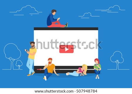 Video concept illustration of young people using mobile gadgets, tablet pc and smartphone for live watching a video via internet. Flat design of guys and women staying near big player symbol