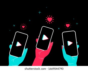 Video concept. People hand holding phone like and heart and stars around and icon on the screen. Marketing in social media banner. Isolated vector illustration