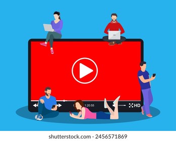 Video concept. people using mobile gadgets, tablet pc and smartphone for live watching a video via internet. Vector illustration in flat style