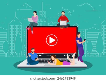 Video concept. people using mobile gadgets, tablet pc and smartphone for live watching a video via internet. Vector illustration in flat style