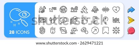 Video conference, Ab testing and Deflation line icons. Interest rate, AI generate, Inflation icons. Pack of Diagram chart, Teamwork question, Search icon. Vector