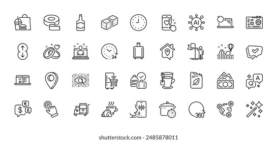 Video conference, Adhesive tape and Tea line icons pack. AI, Question and Answer, Map pin icons. Cursor, Clock, Approved web icon. Inventory cart, Canister, Web lectures pictogram. Vector