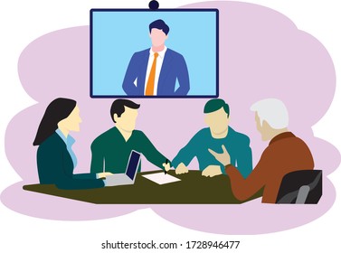 Video conference to avoid the virus. People on computer screen taking with colleague. Videoconferencing and online meeting workspace vector flat icon