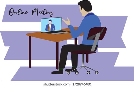 Videoconferencia para evitar el virus. La gente en la pantalla de la computadora tomando con un colega. Icono plano del vector del espacio de reuniones en línea y de videoconferencia
