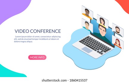 Video conference banner or landing page. Online meeting, learning or webinar. Video call. Group of people on a computer or laptop screen. Virtual business communication, work at home concept. Vector.
