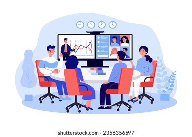 Video conference between business teams vector illustration. Cartoon drawing of office workers discussing statistics during virtual meeting. Technology, communication, teamwork concept