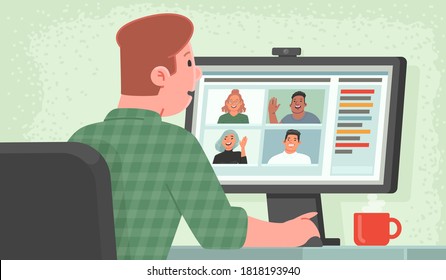 Video conference. Business communication with colleagues online. A man being at home communicates with partners via video communication. Remote work. Vector illustration in flat style
