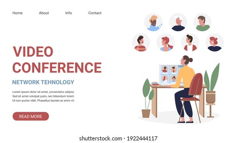 Video conference, business network technology vector illustration. Cartoon website template with freelance young woman character teleworking with corporate colleagues, internet conferencing workspace