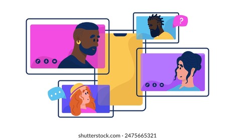 The video conference of the business online meeting consists of four participants. The concept involves multicolored screens on the phone, remote work where colleagues meet and discuss work processes