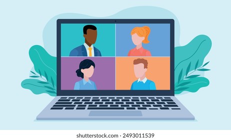 Video conference of business people. 4 people on laptop screen. Education or business meeting. Work from home. Flat design vector. 