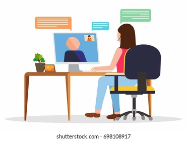 Video conference. Businesswoman online consulting. Telecommunication concept. Vector 