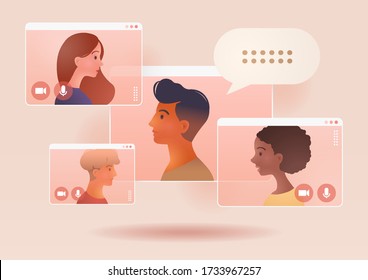 Video conference call of a business group meeting. Remote work. Work from Home, Online webinar. Social distancing. Online technology concept vector illustration. - Shutterstock ID 1733967257