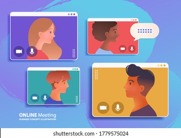 Video conference call of a business group meeting. Work from Home, Online webinar. Technology concept vector illustration.